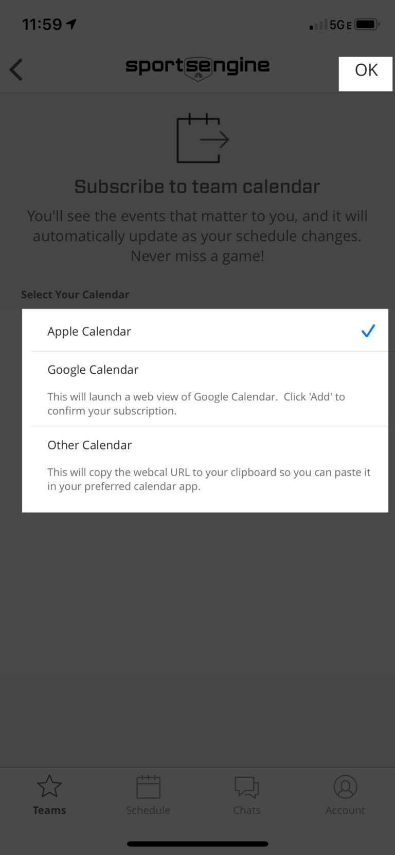 SportsEngine Instructions Subscribe To The Team Calendar Washington 